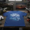 Easily Distracted By Airplanes text with blueprint airplane graphic on a blue t-shirt