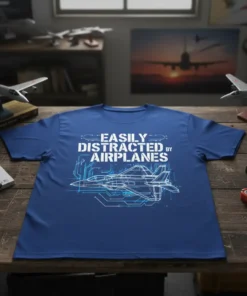 Easily Distracted By Airplanes text with blueprint airplane graphic on a blue t-shirt