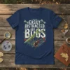 Easily Distracted By Bugs t-shirt with praying mantis and beetle graphic, white distressed text
