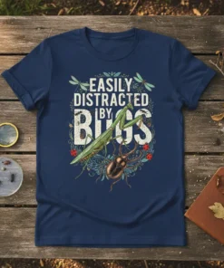 Easily Distracted By Bugs t-shirt with praying mantis and beetle graphic, white distressed text