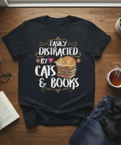 Easily Distracted by Cats & Books text design with a sleeping cat on a stack of books