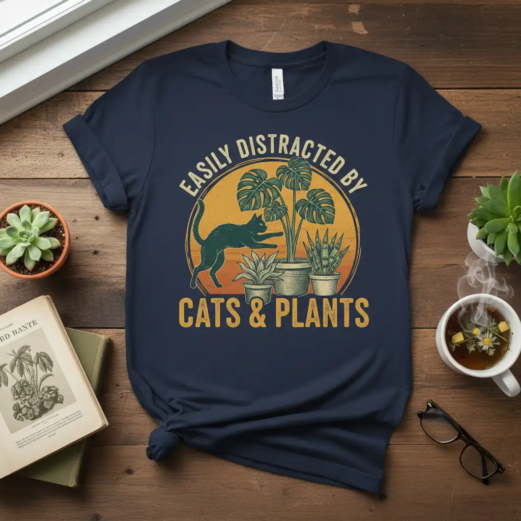 Easily Distracted By Cats & Plants quote t-shirt with cat and potted plants graphic
