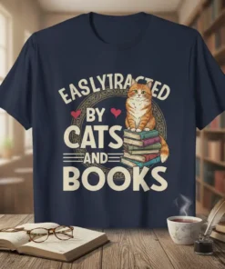Easily Distracted by Cats and Books text with a cat sitting on books graphic