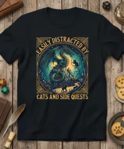 Easily Distracted by Cats and Side Quests t-shirt design featuring a dragon, cats, and a fantasy landscape