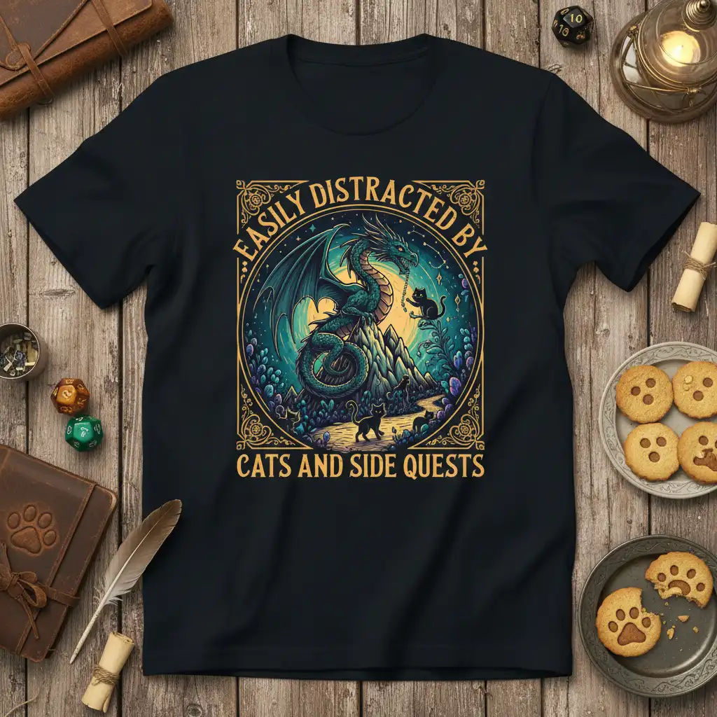 Dragon and cat t-shirt design with 'Easily Distracted by Cats and Side Quests' text for gamers and cat lovers
