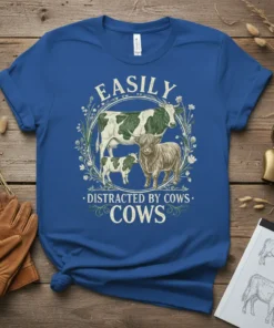 Easily Distracted By Cows Cows t-shirt with cow and calf graphics surrounded by floral elements