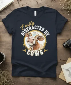 Easily Distracted By Cows funny cow t-shirt with a watercolor cow graphic and gold circle border
