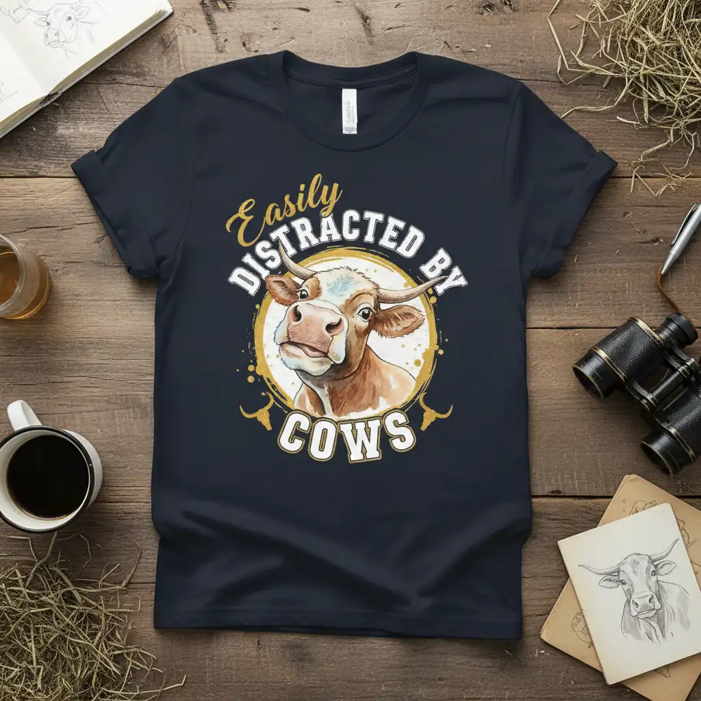 Easily Distracted By Cows funny quote with watercolor cow graphic on a navy blue t-shirt