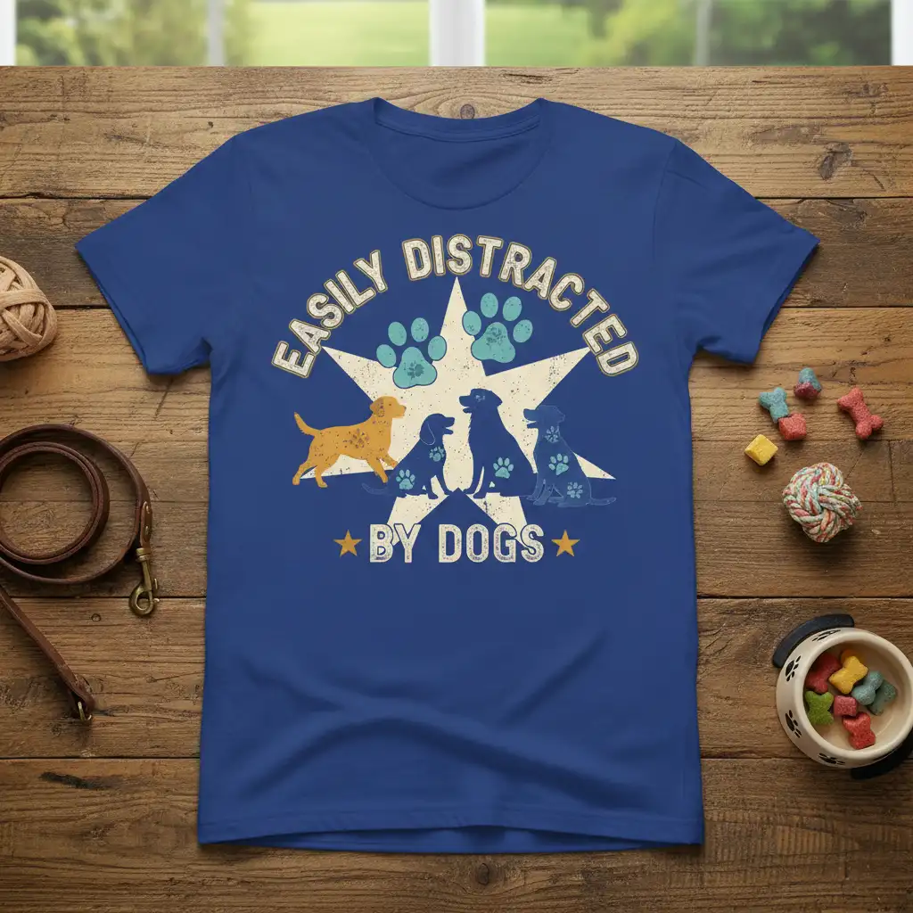 Easily Distracted By Dogs quote t-shirt with multiple dog silhouettes and paw prints