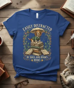 Easily Distracted By Dogs And Books Books text on a blue t-shirt with a beagle dog sitting on books under