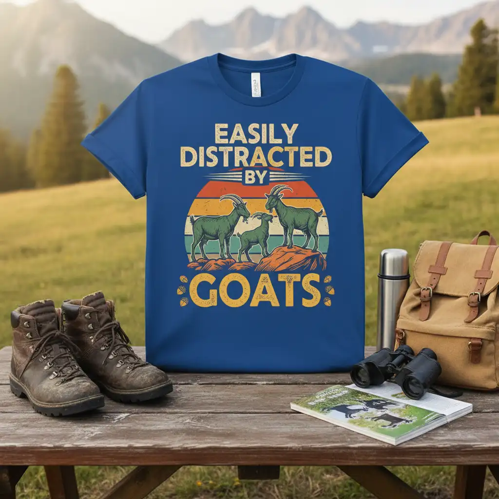 Easily Distracted By Goats phrase with a vintage sunset graphic featuring three goats and rustic acorn accents