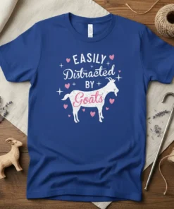 Easily Distracted BY Goats T-Shirt featuring a white goat silhouette with pink hearts and text
