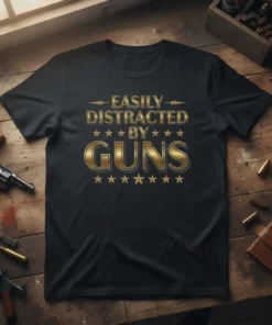 Black t-shirt with gold text "EASILY DISTRACTED BY GUNS" and star accents, featuring vintage revolvers and ammo on a wooden