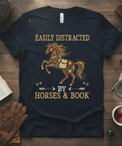 Easily Distracted by Horses & Book quote on a navy t-shirt featuring a horse made of books