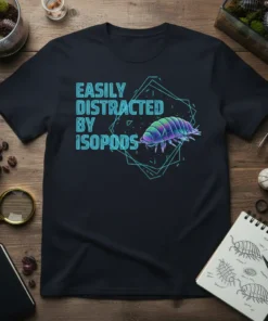 Easily Distracted By Isopods T-Shirt with neon-style text and a colorful isopod graphic