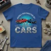 Easily Distracted By Old Cars text with red and blue vintage car graphics on a blue t-shirt