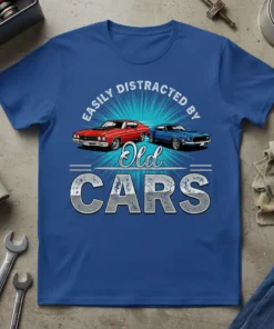 Easily Distracted By Old Cars text with red and blue vintage car graphics on a blue t-shirt