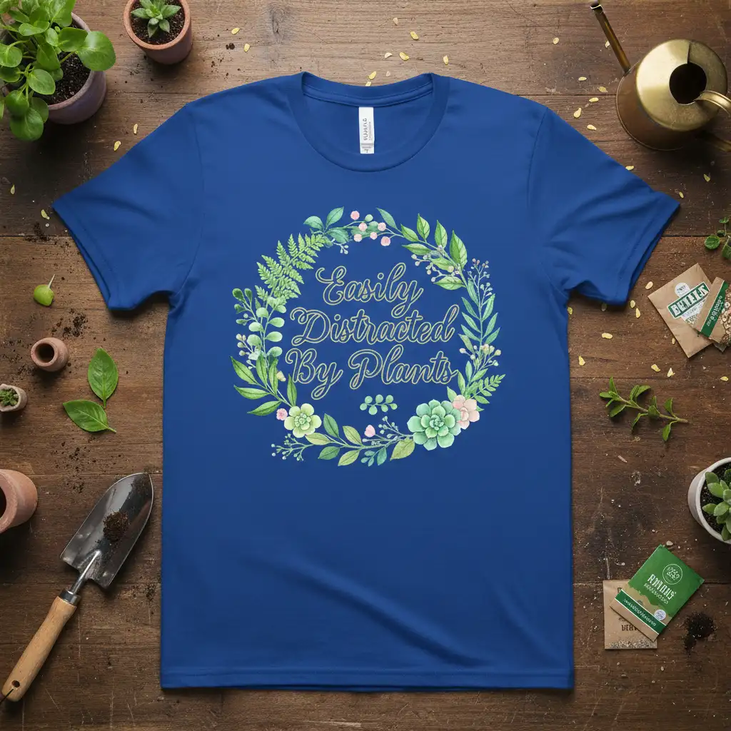 Easily Distracted By Plants quote in a whimsical wreath design on a blue t-shirt