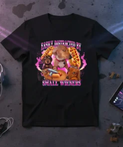 Easily Distracted By Small Wieners text with dachshund dogs and hot dogs graphic on a black t-shirt