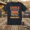 Easily Distracted by Smoked Meats text with cow butcher diagram graphic on a black t-shirt, perfect for BBQ lovers