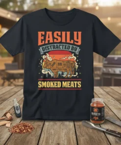 Easily Distracted by Smoked Meats text with cow butcher diagram graphic on a black t-shirt, perfect for BBQ lovers