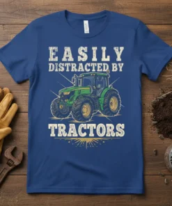 Easily Distracted By Tractors humorous quote t-shirt design with a green tractor graphic