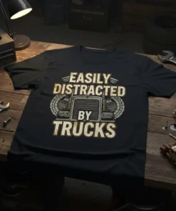 Black t-shirt with "Easily Distracted By Trucks" text and a semi-truck graphic