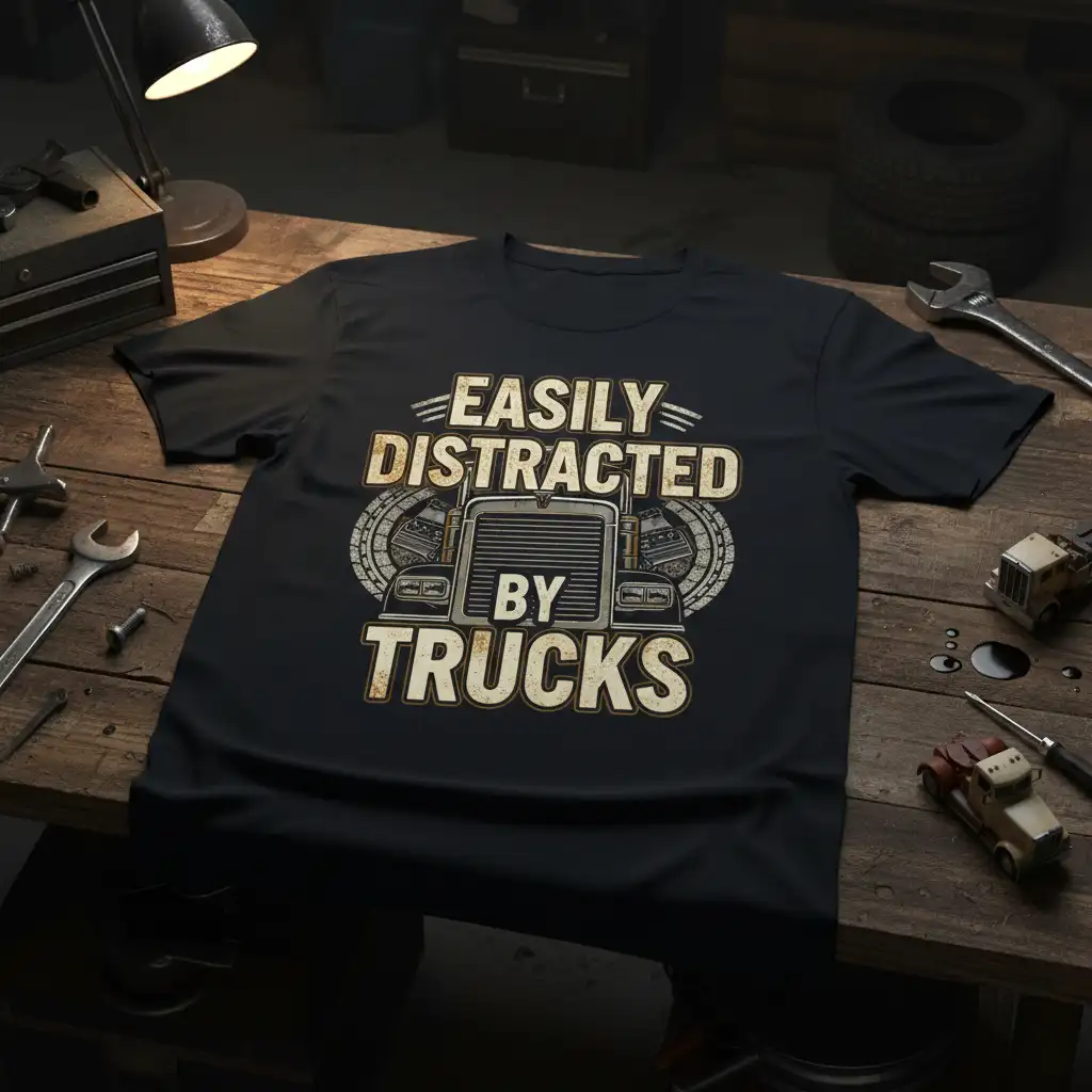 Easily Distracted By Trucks quote with semi-truck graphic on a black t-shirt