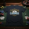 Black t-shirt with "Easily Excited By Casinos" text and casino card graphics, gambling theme