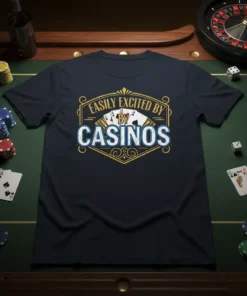 Black t-shirt with "Easily Excited By Casinos" text and casino card graphics, gambling theme