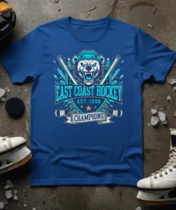 East Coast Hockey Est. 1990 Champions T-Shirt featuring a roaring bear mascot and hockey sticks