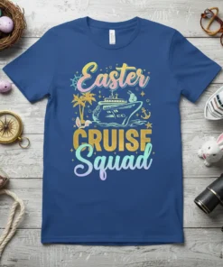 Easter Cruise Squad t-shirt design featuring a cruise ship, palm trees, Easter eggs, and bunnies