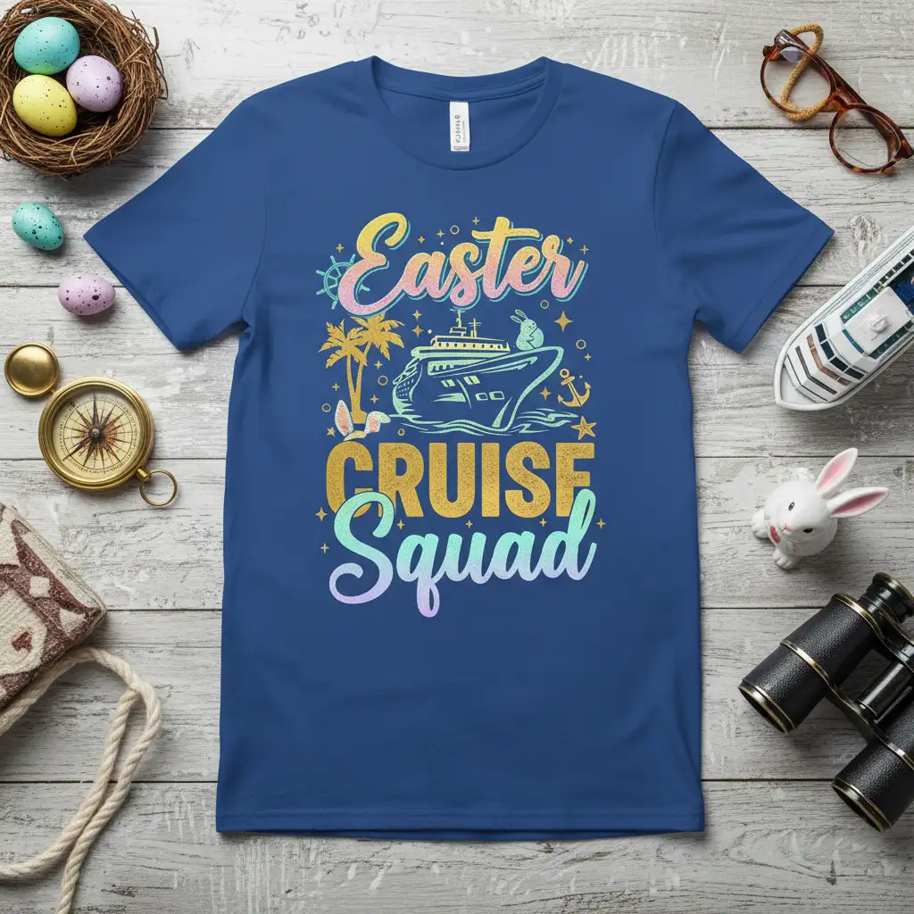 Easter Cruise Squad text with cruise ship, palm trees, and Easter elements graphic design