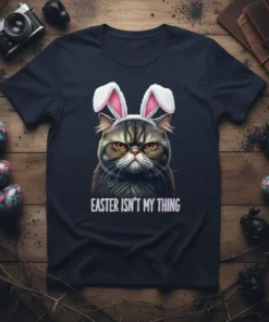 Grumpy cat wearing bunny ears with text "Easter Isn't My Thing" on a black t-shirt