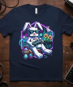 Easter Vibe Gamer t-shirt featuring a pixelated bunny character holding a game controller, surrounded by Easter eggs and neon digital