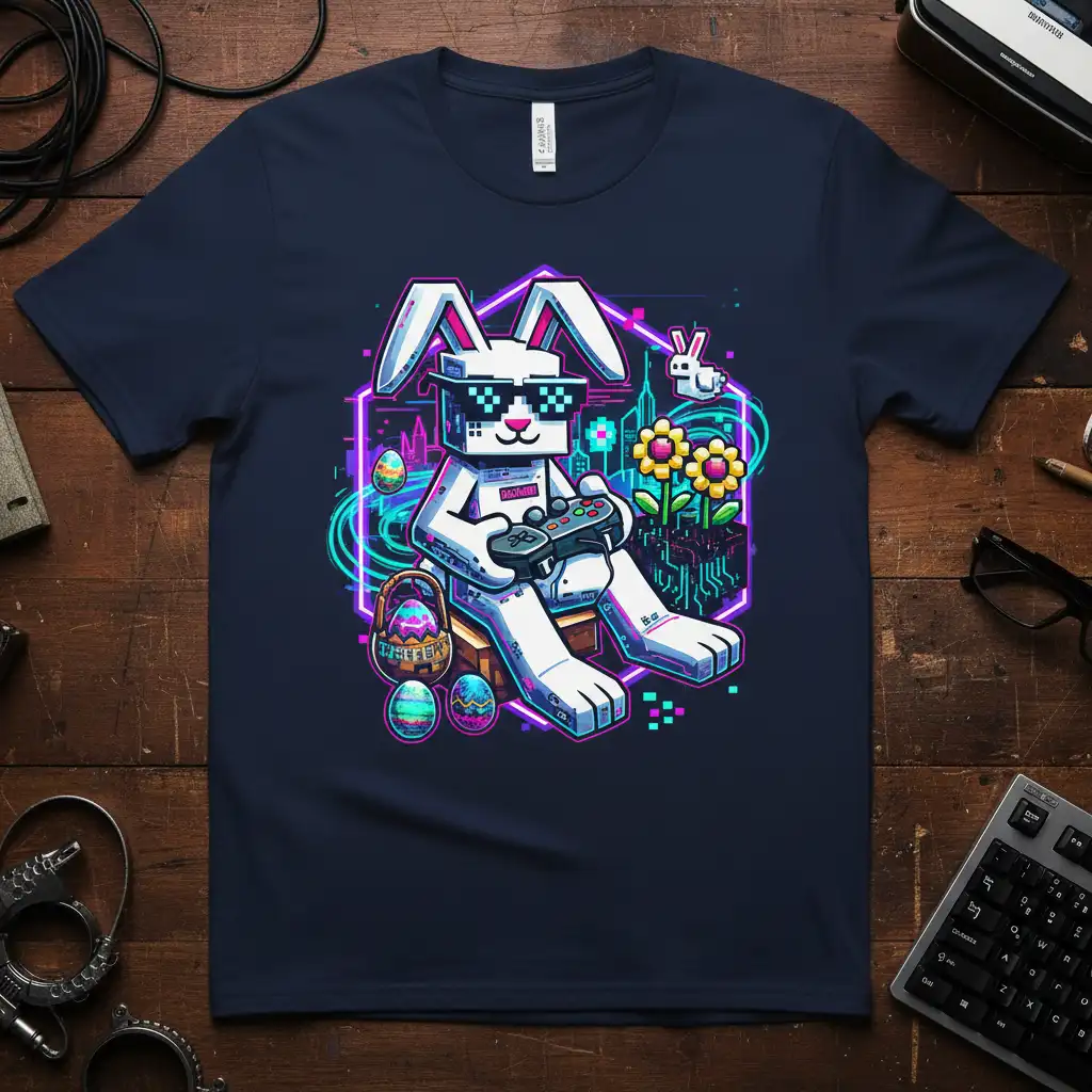Easter Vibe Gamer pixel art design with bunny character playing video games amidst neon digital art and Easter eggs