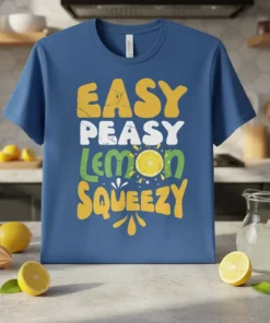 Easy Peasy Lemon Squeezy text design with a lemon graphic on a blue t-shirt