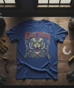 Easy Tiger vintage design t-shirt featuring a fierce tiger face and crossed revolvers graphic in red, gold, and green
