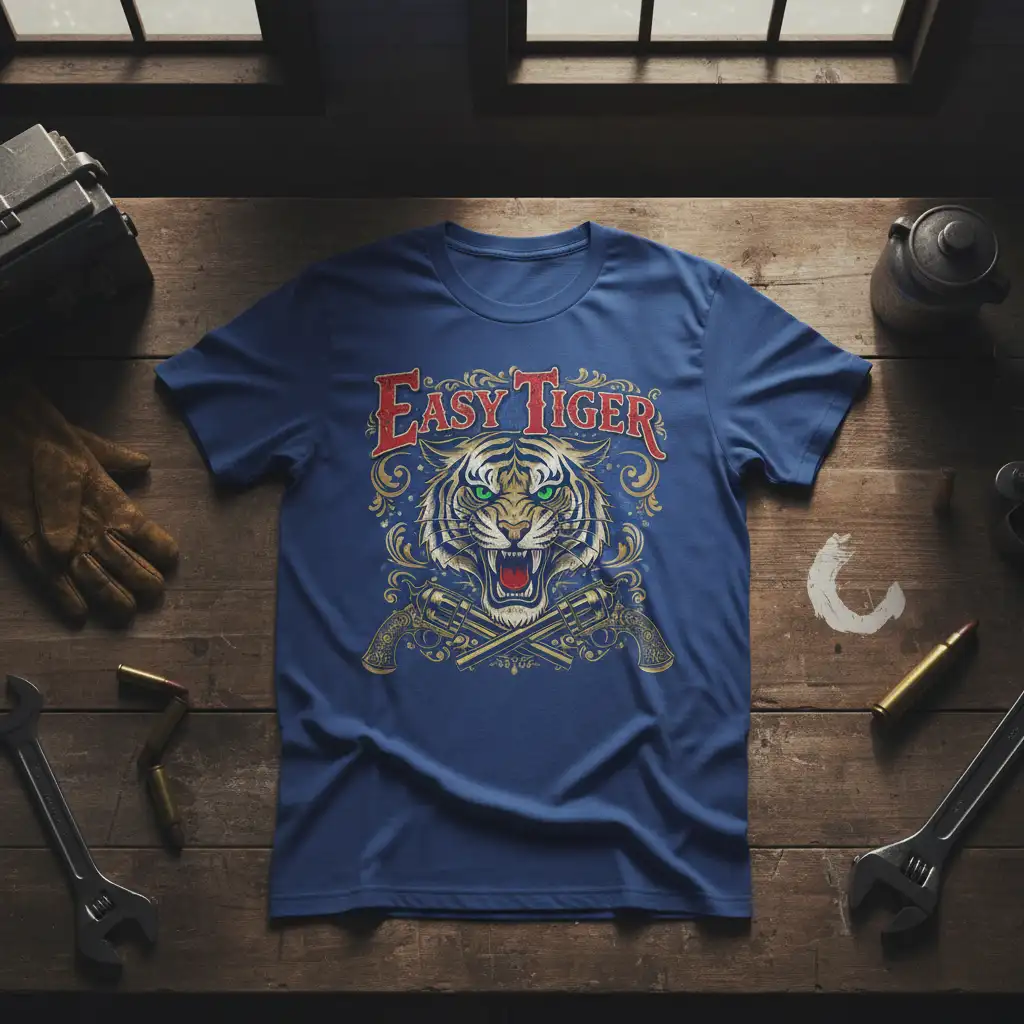 Easy Tiger text and fierce tiger face with crossed revolvers graphic on a blue t-shirt design