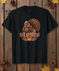 Eat Chicken funny Thanksgiving turkey t-shirt with fall harvest graphics and bold typography
