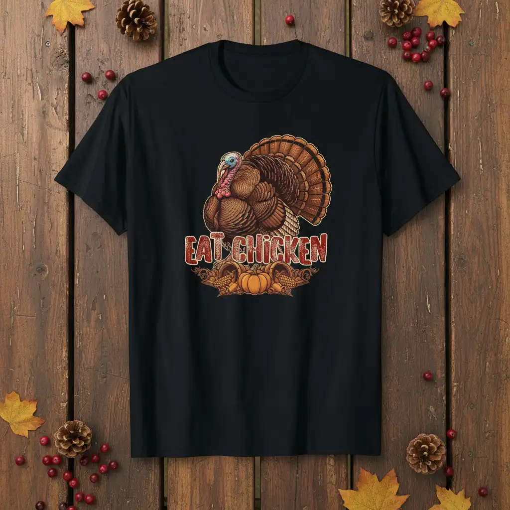 Eat Chicken funny Thanksgiving turkey graphic with pumpkins and corn, bold distressed text