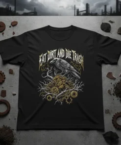 Black t-shirt with "Eat Dirt and Die Trash" text above a detailed raven on a pile of rocks and gears