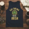 Eat Drink and Be Irish tank top with shamrock and Celtic knot graphic, gold and green design