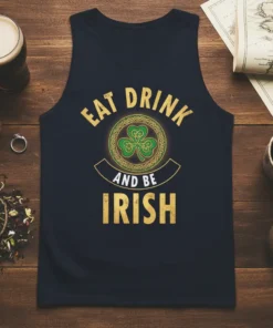Eat Drink and Be Irish tank top with shamrock and Celtic knot graphic, gold and green design