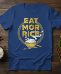 Eat Mor Rice graphic tee featuring golden text and a steaming bowl of rice with chopsticks