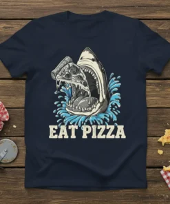 Shark with open mouth eating a slice of pizza, with the text "EAT PIZZA" below, on a navy t-shirt