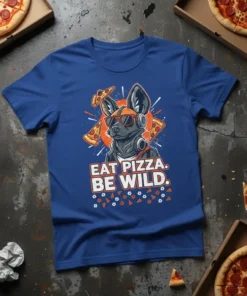 Blue t-shirt with "Eat Pizza. Be Wild." text and a dog wearing sunglasses and headphones, surrounded by pizza slices