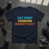 Navy t-shirt with distressed text "Eat Right Exercise Die Anyway" and a skull graphic, gym equipment background