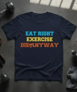 Navy t-shirt with distressed text "Eat Right Exercise Die Anyway" and a skull graphic, gym equipment background