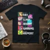 Eat Sleep Anime Gaming Repeat t-shirt design with anime characters, ramen, and gaming controller illustrations
